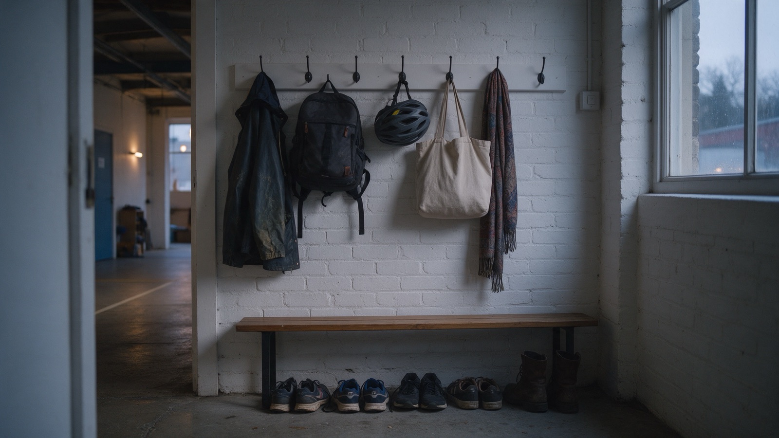 Garderobe mit Regenjacke, Rucksack und Fahrradhelm, darunter Schuhe