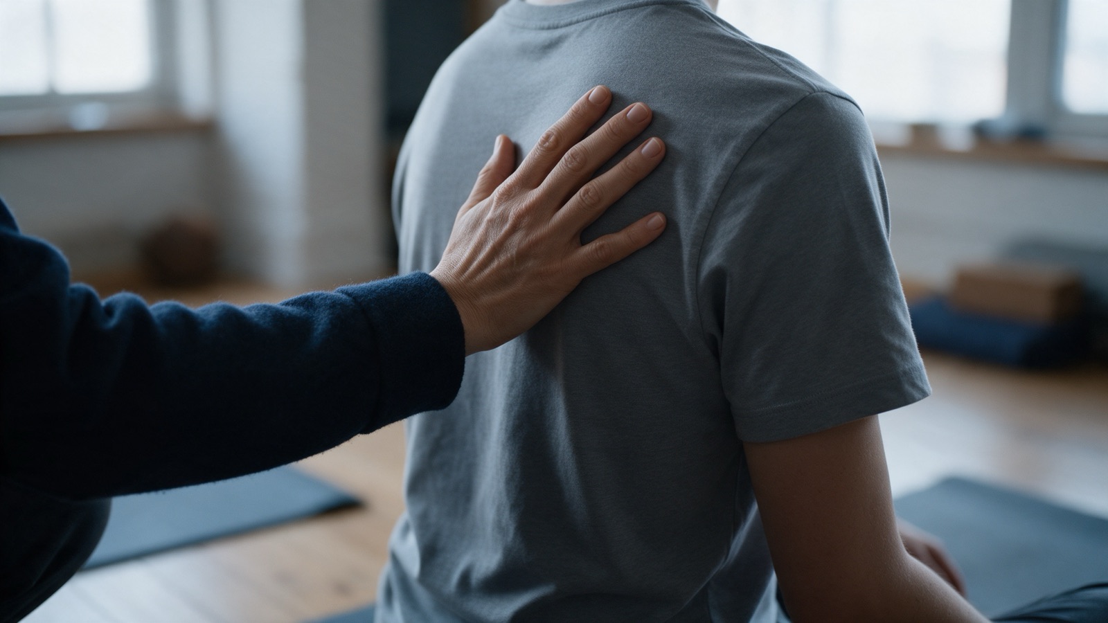 Eine Hand liegt ruhig auf dem Rücken einer sitzenden Person