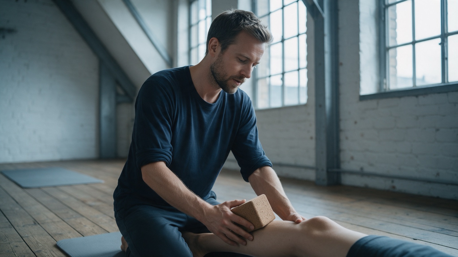 Jonas kniet auf dem Holzboden und legt einen Korkblock unter ein Knie