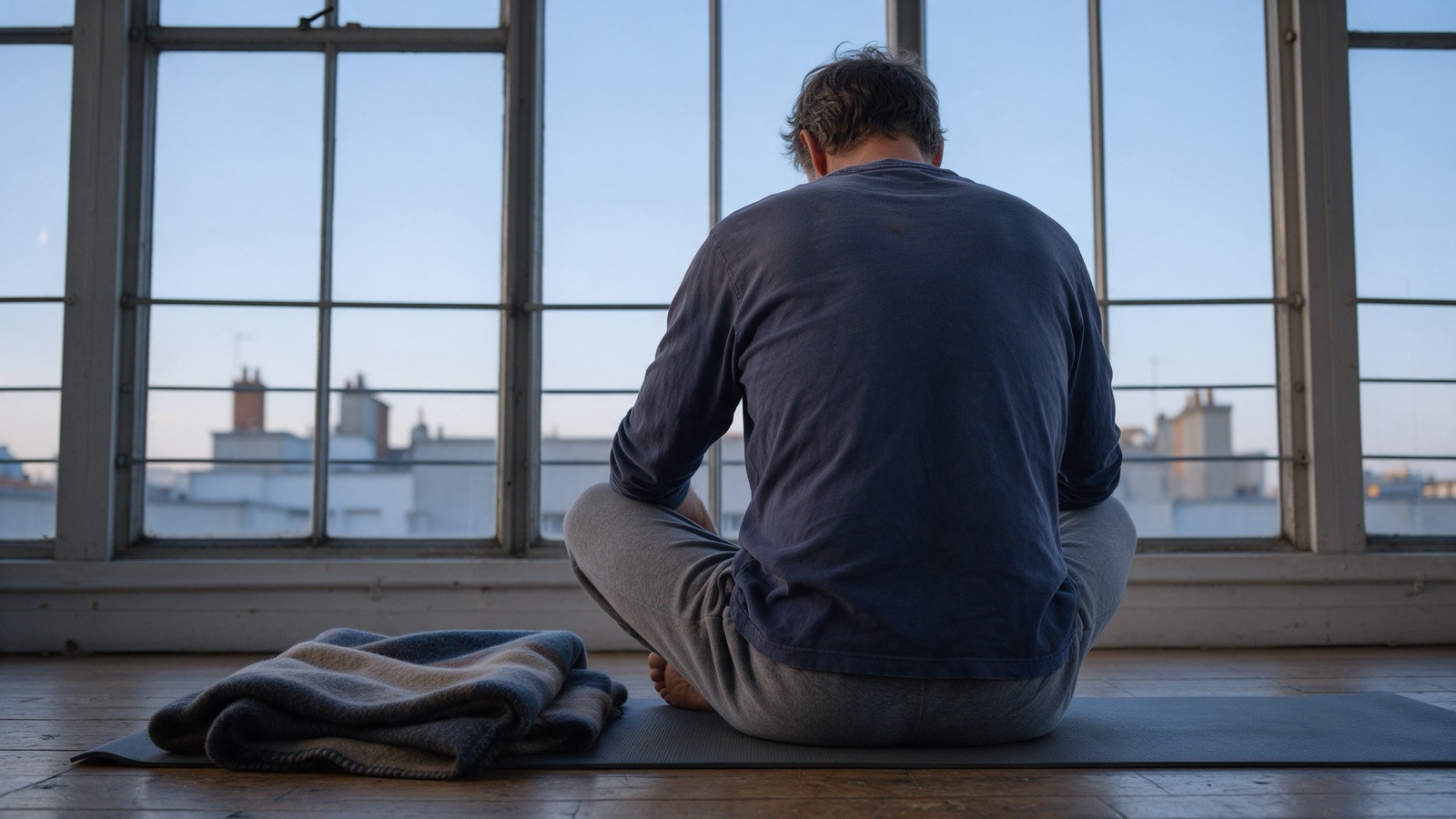 Ein Mann sitzt mit dem Rücken zur Kamera auf der Matte vor einem großen Fenster